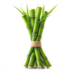 A fresh bundle of green bamboo shoots tied together, showcasing their vibrant color and natural...