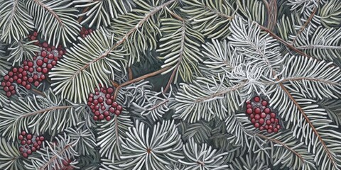 Close-up of pine branches adorned with red berries in a winter setting, showcasing nature\'s beauty and detail, winter  background with copy space