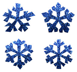 Vector illustration of four blue glitter snowflakes on white, ideal for festive and winter-themed design projects.