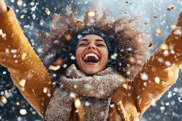 A woman with a joyful expression, wearing a winter coat, scarf, and hat, celebrates the first snowfall of the season amidst falling snowflakes and confetti.