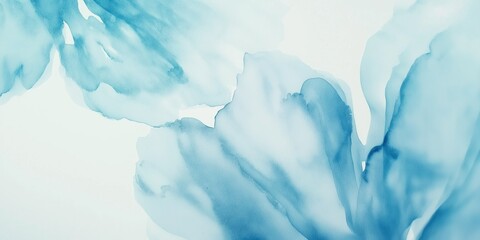 Delicate blue watercolor petals create an abstract design on a white background enhancing artistic expression, flower winter  background with copy space