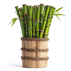 A decorative arrangement of green bamboo stalks in a natural fiber pot, symbolizing prosperity and...