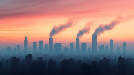 Dramatic sunset over a city skyline with pollution emissions from industrial buildings