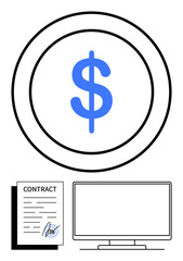Dollar sign symbolizing money, computer monitor representing technology, and signed contract sheet indicating agreement. Ideal for finance, contracts, digital transactions, online services, business