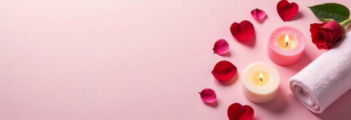 Luxurious spa arrangement with candles, rose petals, and a towel. Valentine's Day