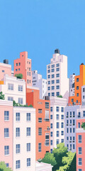Fototapeta premium Vibrant city skyline with colorful buildings and clear blue sky