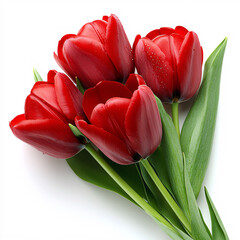 Naklejka premium A vibrant bouquet of red tulips, symbolizing love and beauty, with lush green leaves adding a fresh touch.