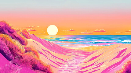 Pink sunset over beach dunes.