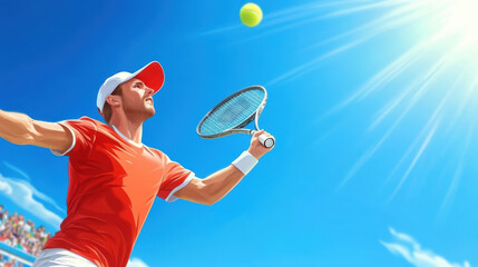Dynamic tennis player serves under a bright sunny sky on a clear day