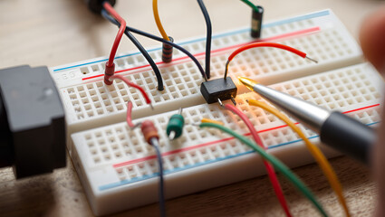 Closeup image of simple electric circuit, breadboard with electrical components, diode, resistors, soldering electrical colored cables and wires. Hand soldering station. Electronic parts