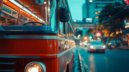 Red bus on a city street at night.