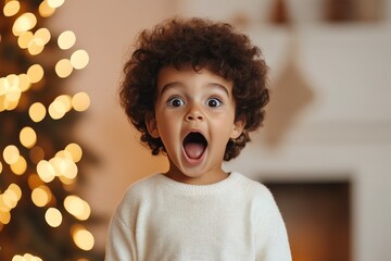 Young child with curly hair and an expression of amazement stands in a warmly lit room, with a beautifully decorated Christmas tree in the background scene.