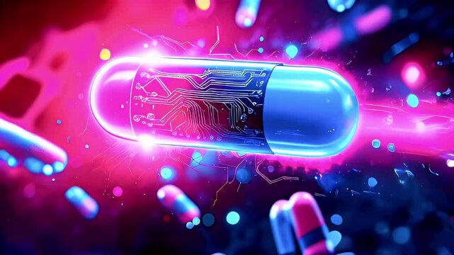 A glowing blue pill with a circuit board pattern in a pink and blue background. - Powered by Adobe