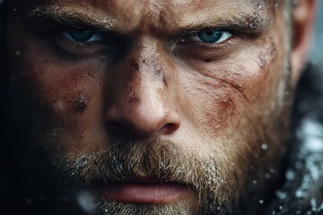 Fototapeta premium A rugged man with an intense gaze, face dusted with snow, stands strong against a wintery backdrop, embodying strength and resilience amidst harsh elements.