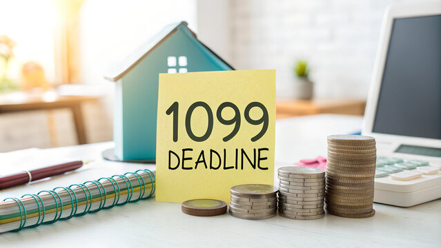 Sticky note with "1099 DEADLINE" text next to a toy house and stacks of coins on a desk
