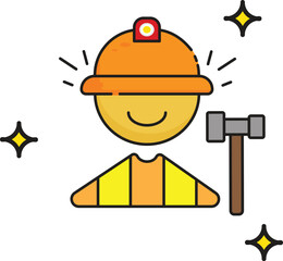 A friendly cartoon illustration of a construction worker wearing a hard hat and holding a hammer. The worker is smiling and surrounded by stars, conveying a sense of happiness and accomplishment. Perf
