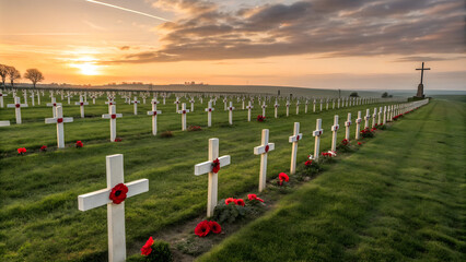 Obraz premium Graveyard with white crosses adorned with red poppy flowers during sunset