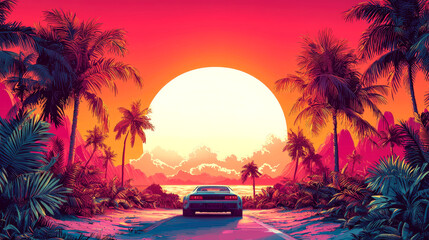 Retro car driving into a tropical sunset.