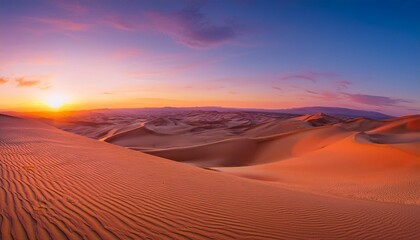 Naklejka premium Sunset Over the Vast Desert With Rolling Sand Dunes Glowing Golden Under the Fading Light, While the Sky Transitions From Orange to Deep Purple in the Distance
