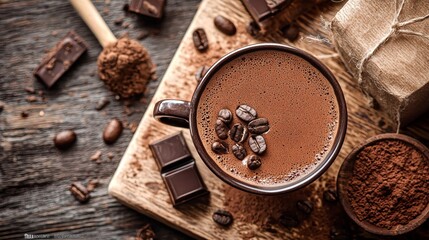 Hot chocolate with coffee beans and chocolate pieces