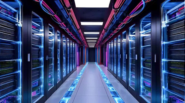 A long hallway in a server room with rows of black cabinets with glass doors revealing complex circuitry and glowing blue lights.