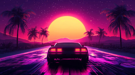 Retro futuristic car driving on a road under a vibrant sunset with palm trees in the background.