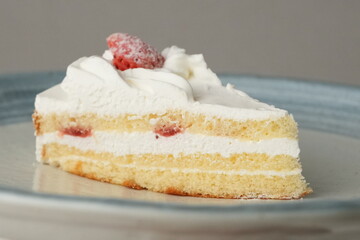 One small Japanese strawberry shortcake on a stylish large plate on a white table