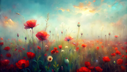 Fototapeta premium Painterly field of red poppies scattered among green foliage with dragonfly detail. Soft teal sky creates serene atmosphere with visible brushstrokes and gentle illumination. Concept: art print, natur