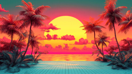 Retro sunset beach scene with palm trees.
