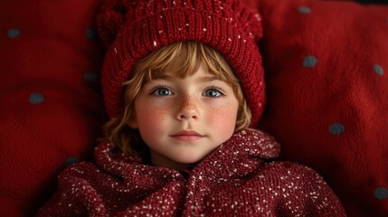 A child with a cozy red hat and sweater, resting peacefully.