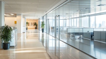 Obraz premium Sleek office interior with glass walls and minimalist décor 