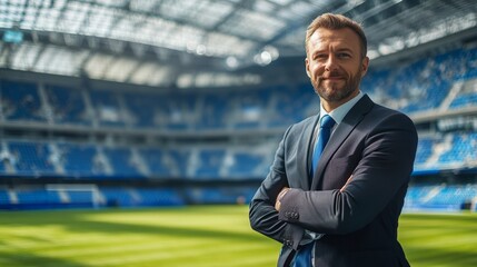 Coach or director of a football club in the stadium with a slightly blurred background with a green football pitch in the background with space for text. Trainer in a suit