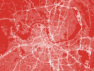 Christmas Map of Nashville Tennessee, USA in Snowy White on Festive Red Background.