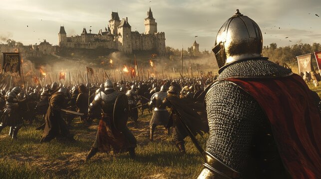 Clash or medieval battle of warriors, knights on a field with a castle in the background
