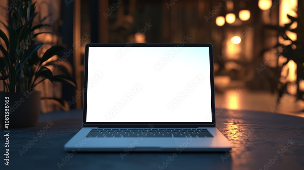 Fototapete laptop with white blank screen with space for text or graphics on a table in the evening with lights