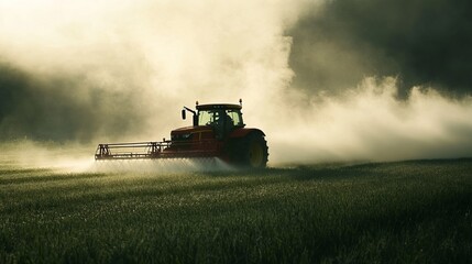 Fototapeta premium Tractor spraying in the field, beautiful lighting with space for text or inscriptions, leading technologies in agriculture. Spraying against pests or soil and plant treatment
