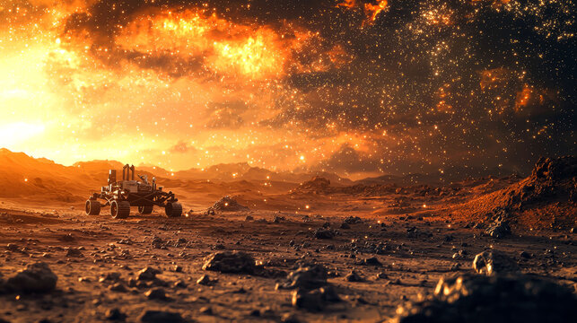 Rover exploring a red planet under a starry sky.