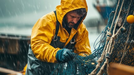 Obraz premium Fisherman in yellow outfit working on fishing boat with nets in hands in rainy weather, hard work of fisherman on boat 
