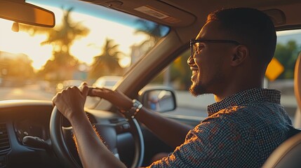 A Man Driving a Car at Sunset, Looking Out the Window