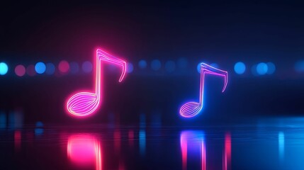 Neon Music Note Symbols on a Reflective Surface