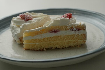 Two Japanese strawberry shortcakes on a stylish large plate on a white table