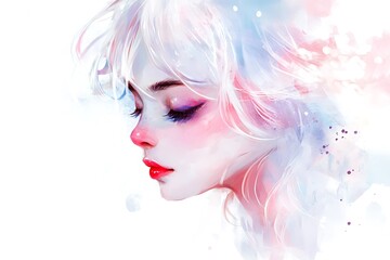 Naklejka premium Digital art portrait of a young woman with white hair, pink cheeks, and red lips on a white background