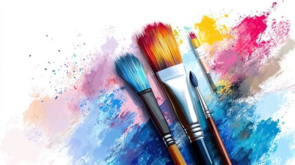 Obraz premium Paintbrushes and Colorful Splashes on White Background