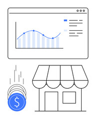 Obraz premium Analytics graph and data on a computer screen, small store building, coins symbolizing revenue. Ideal for e-commerce, small business, finance, growth strategy, sales analysis market trends. Line