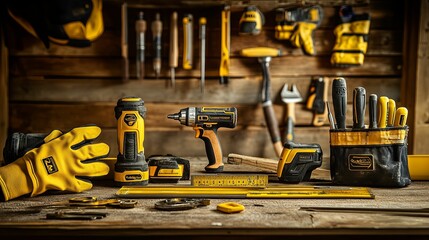 Yellow Power Tools and Accessories on a Wooden Table