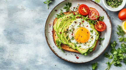 A slice of avocado toast topped with a fried egg and tomato slices.