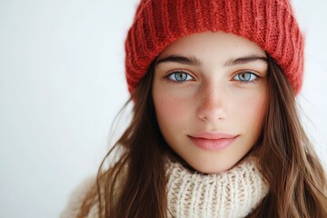 A serene close-up of a girl wearing a red knit hat captures the beauty of her peaceful expression, emphasizing the warmth and simplicity of cozy winter attire.