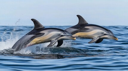 Fototapeta premium Two dolphins leaping out of the ocean, showcasing their agility.