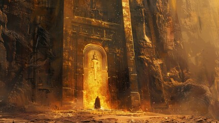 A lone figure stands guard at the entrance to a golden gateway making sure only those deemed worthy may pass through.