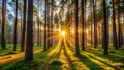 Fototapeta premium Sunlight Filtering Through Tall Pine Trees in a Serene Forest Grove, Capturing the Magic of Nature's Light and Warmth, Ideal for Nature Lovers and Photography Enthusiasts
